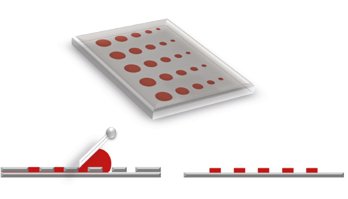 Figure 1. Stencil printing plate (top) and print result (right) of a flatbed process (left)